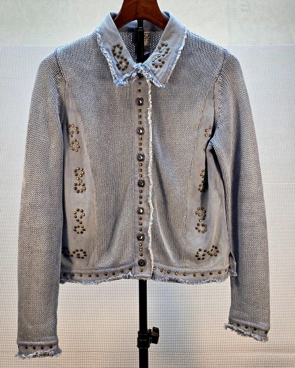 PBJ Blues VTG Denim Studded Knit Jacket Cardigan‎ Blue Ramie Cotton Small Y2K